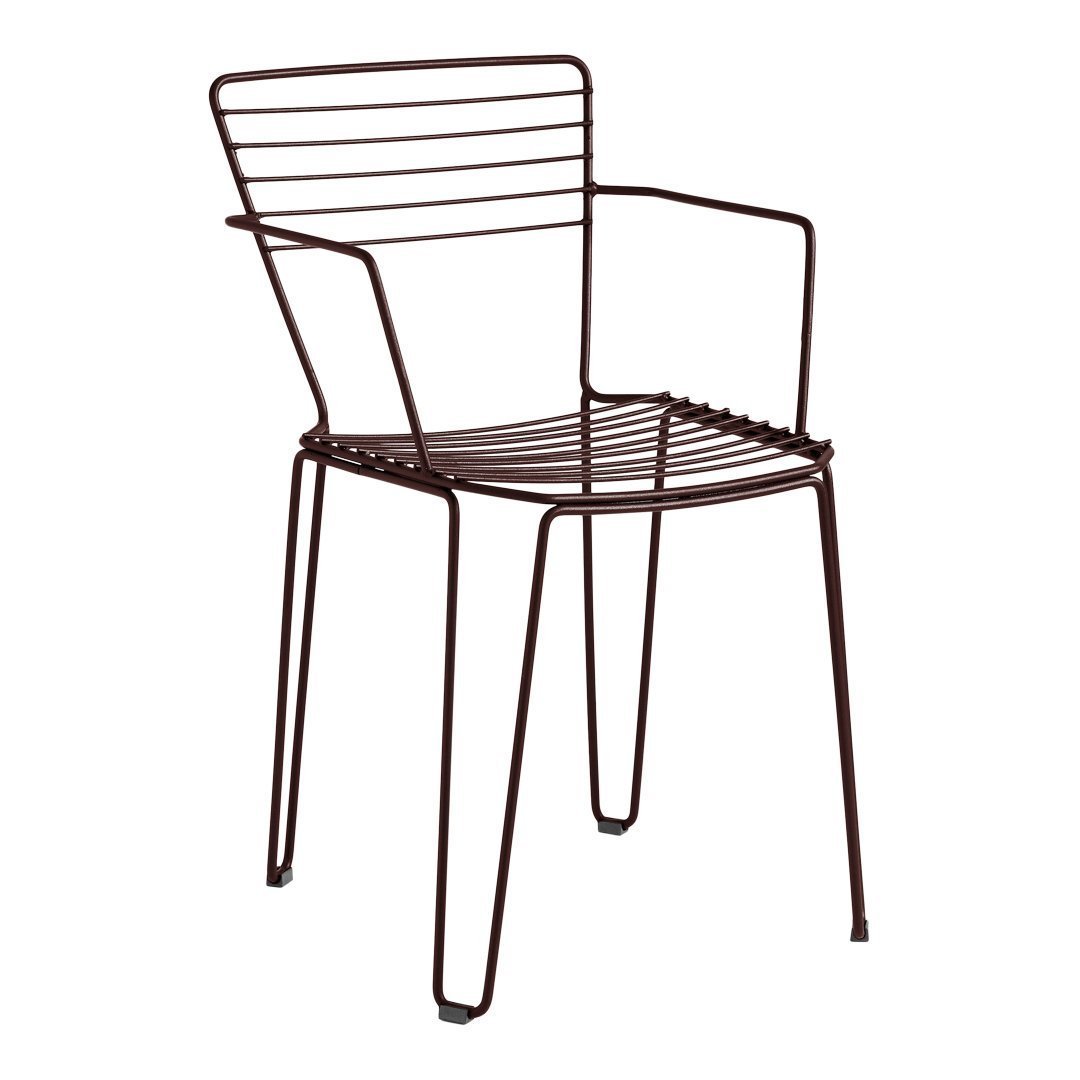 Contemporary brown metal chair with slatted design and armrests, perfect for modern outdoor or indoor decor.