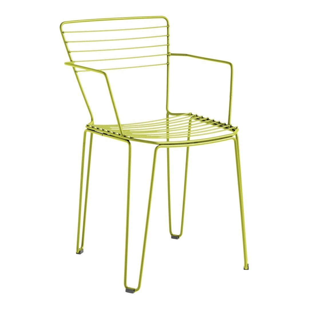 Vibrant lime green metal chair with a sleek, minimalist striped pattern and slender legs. Perfect for modern décor.