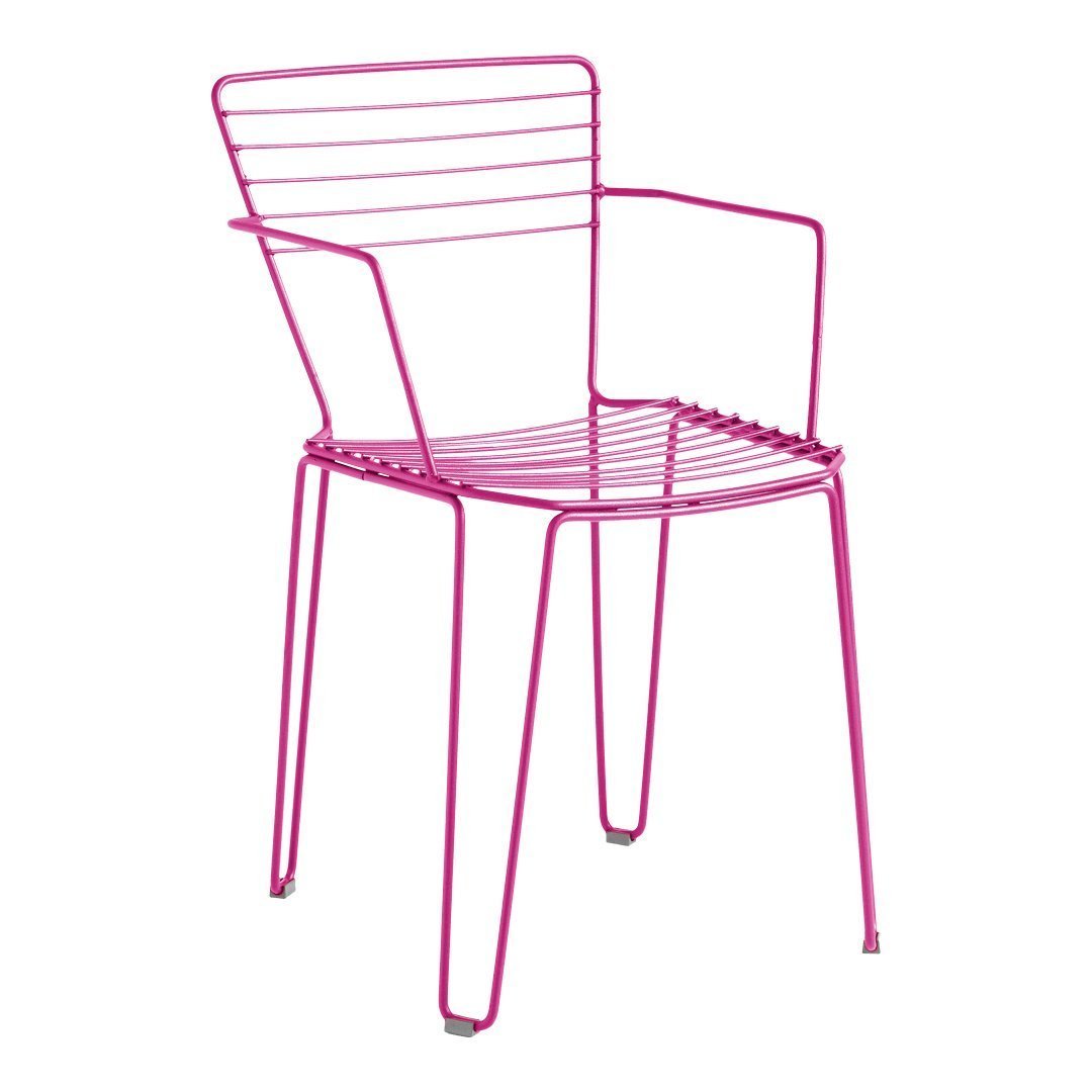 Bright pink wire chair with a modern, minimalist design and striped pattern. Perfect for vibrant outdoor or indoor decor.