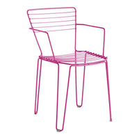 Bright pink wire chair with a modern, minimalist design and striped pattern. Perfect for vibrant outdoor or indoor decor.