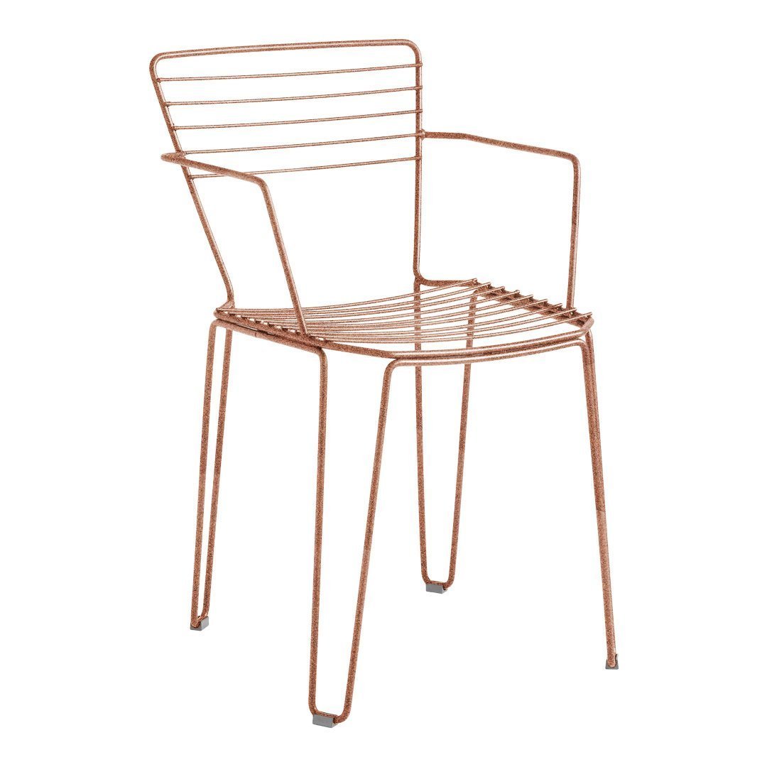 Rose gold metal chair with a sleek, minimalist design featuring horizontal stripes and open armrests.