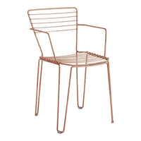 Rose gold metal chair with a sleek, minimalist design featuring horizontal stripes and open armrests.