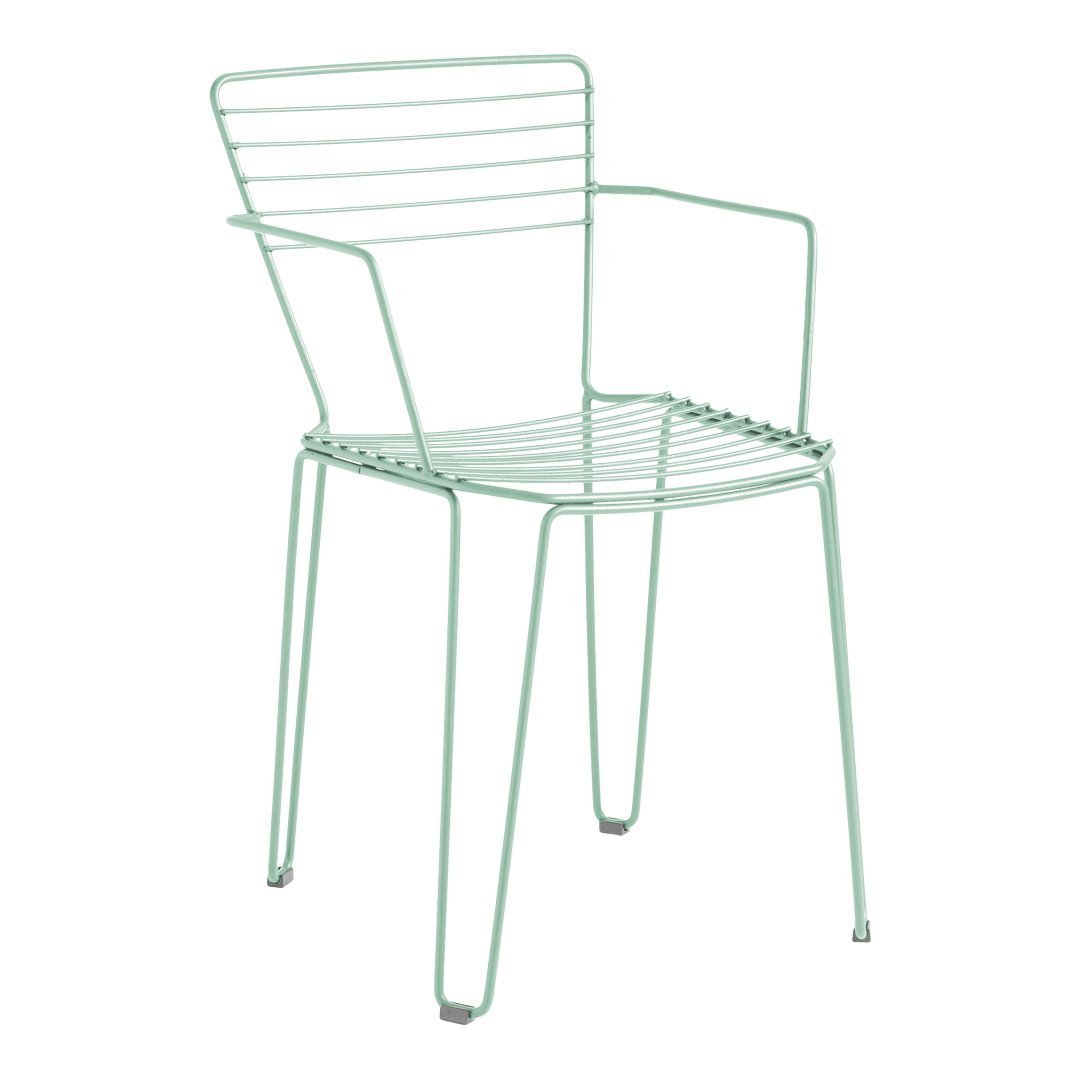 Mint green wire chair with horizontal lines and minimalist design. Ideal for modern outdoor and indoor decor.