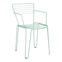 Mint green wire chair with horizontal lines and minimalist design. Ideal for modern outdoor and indoor decor.