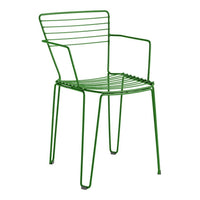 Green wire chair with a sleek, modern design featuring horizontal lines and minimalistic pattern.