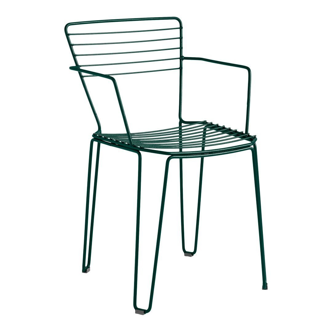 Green metal chair with horizontal striped pattern and minimalist design, perfect for modern outdoor decor.