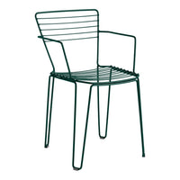 Green metal chair with horizontal striped pattern and minimalist design, perfect for modern outdoor decor.