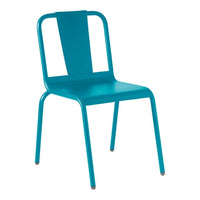 Bright turquoise metal chair with a sleek, minimalist design and smooth, modern lines. Ideal for contemporary decor.