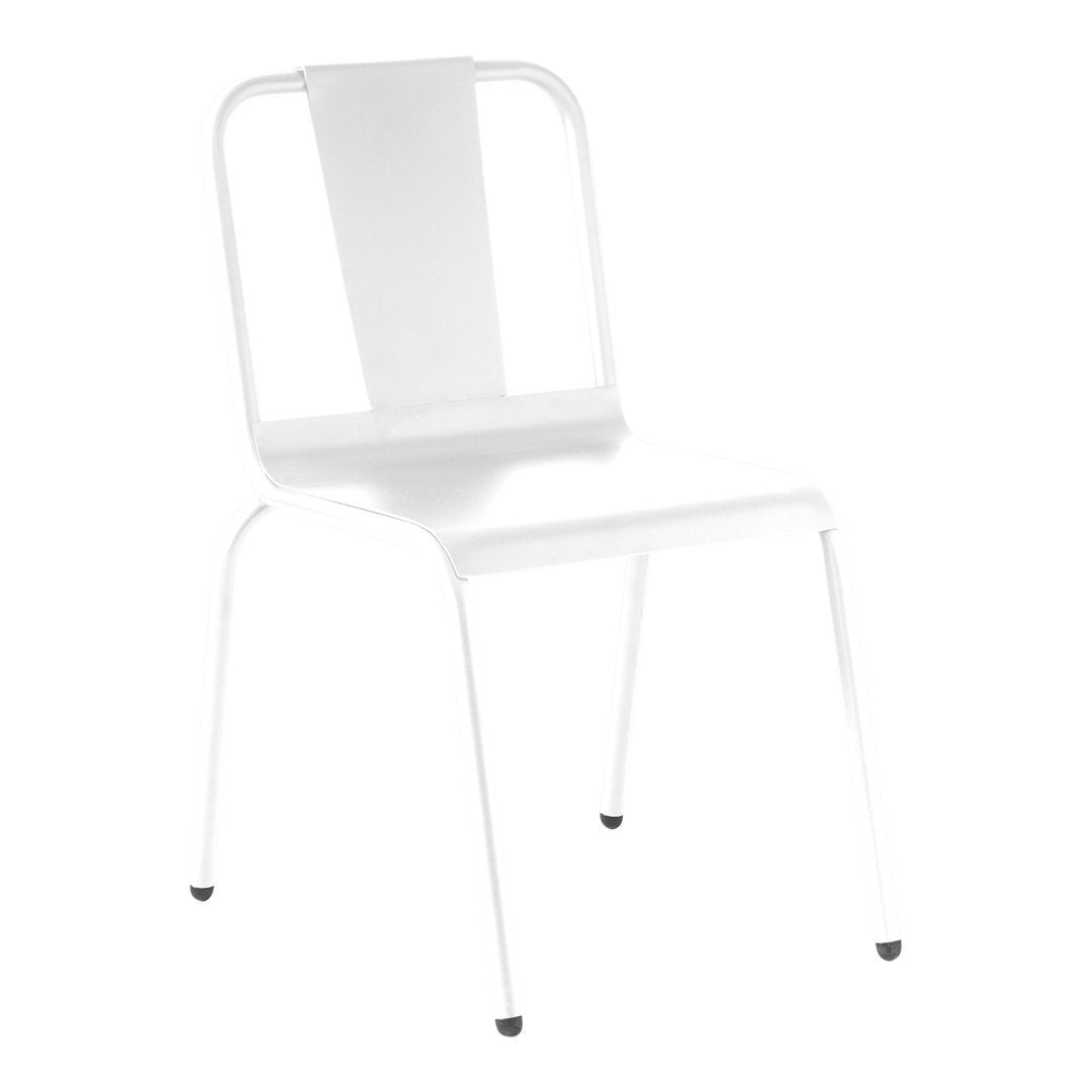 White metal chair with a sleek, minimalist design and a simple vertical stripe pattern. Ideal for modern decor.