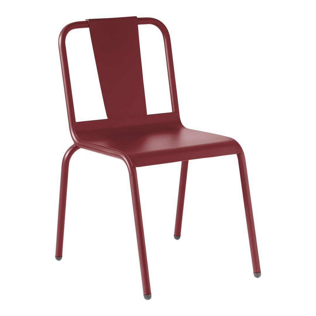 Red metal chair with a sleek, minimalist design and open backrest for modern decor.
