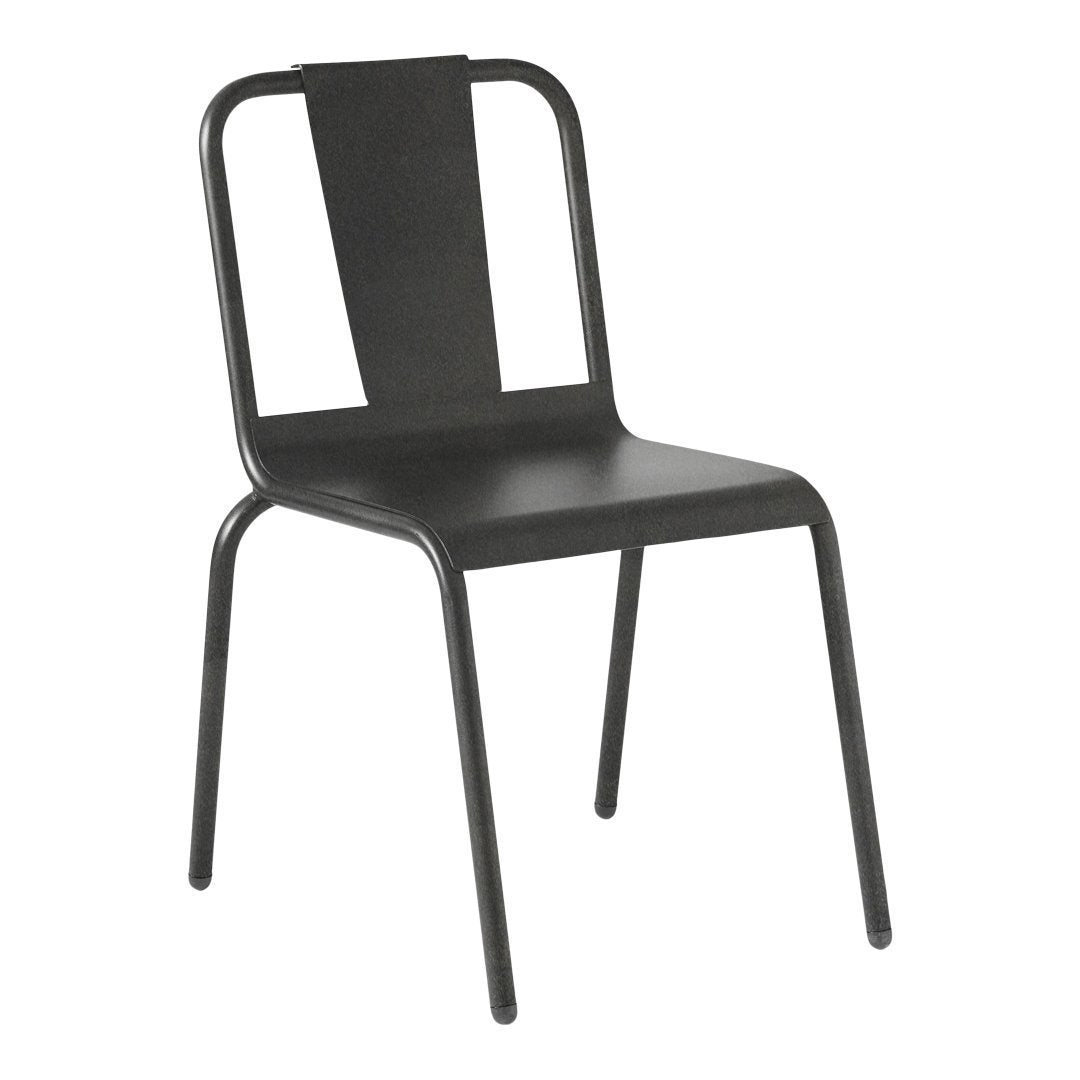 Black metal chair with a minimalist design and a smooth, matte finish. Suitable for modern interiors.