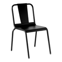 A sleek black chair with a minimalist design and smooth matte finish, featuring a unique vertical backrest pattern.