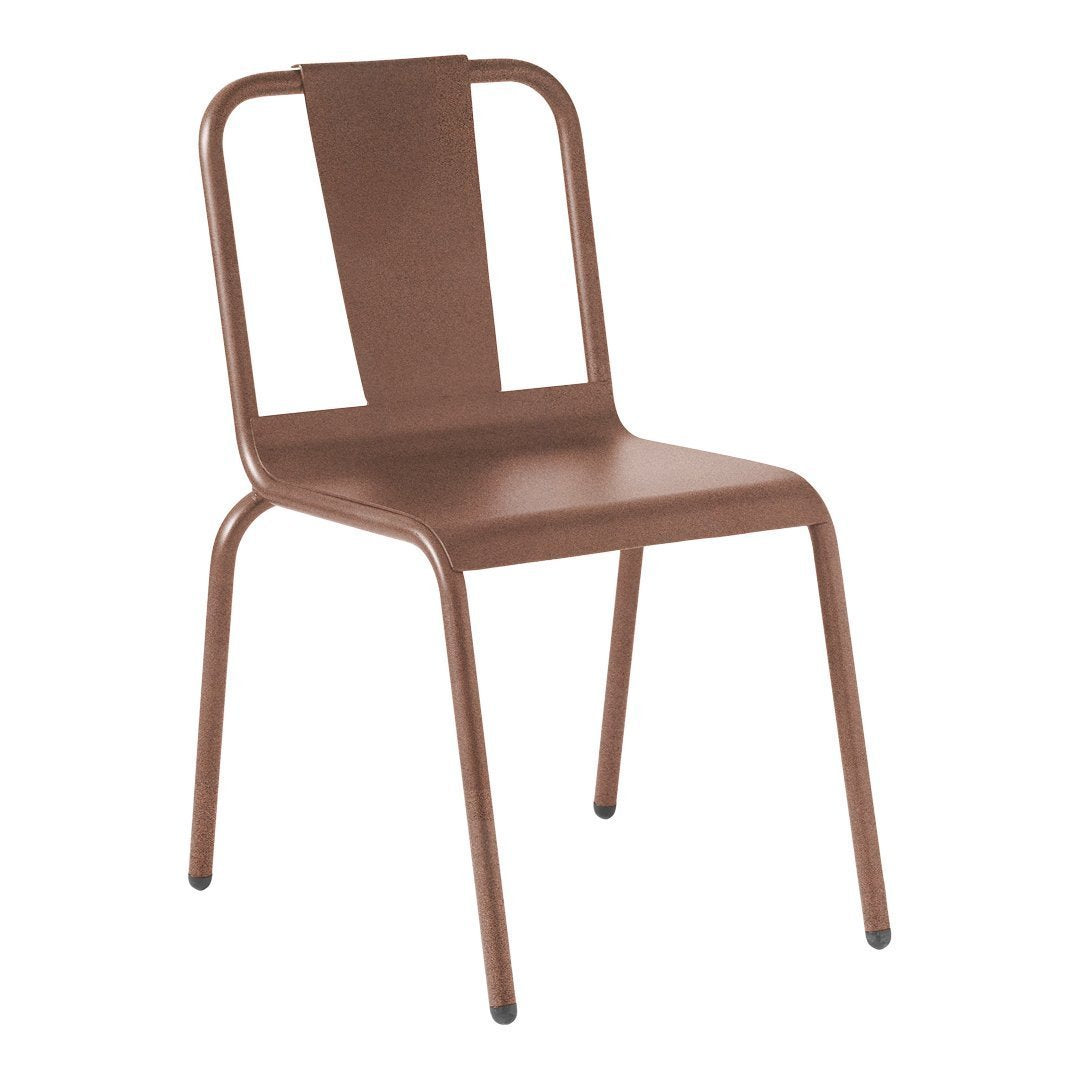 Brown metal chair with a sleek, modern design and minimalistic pattern. Ideal for contemporary spaces.