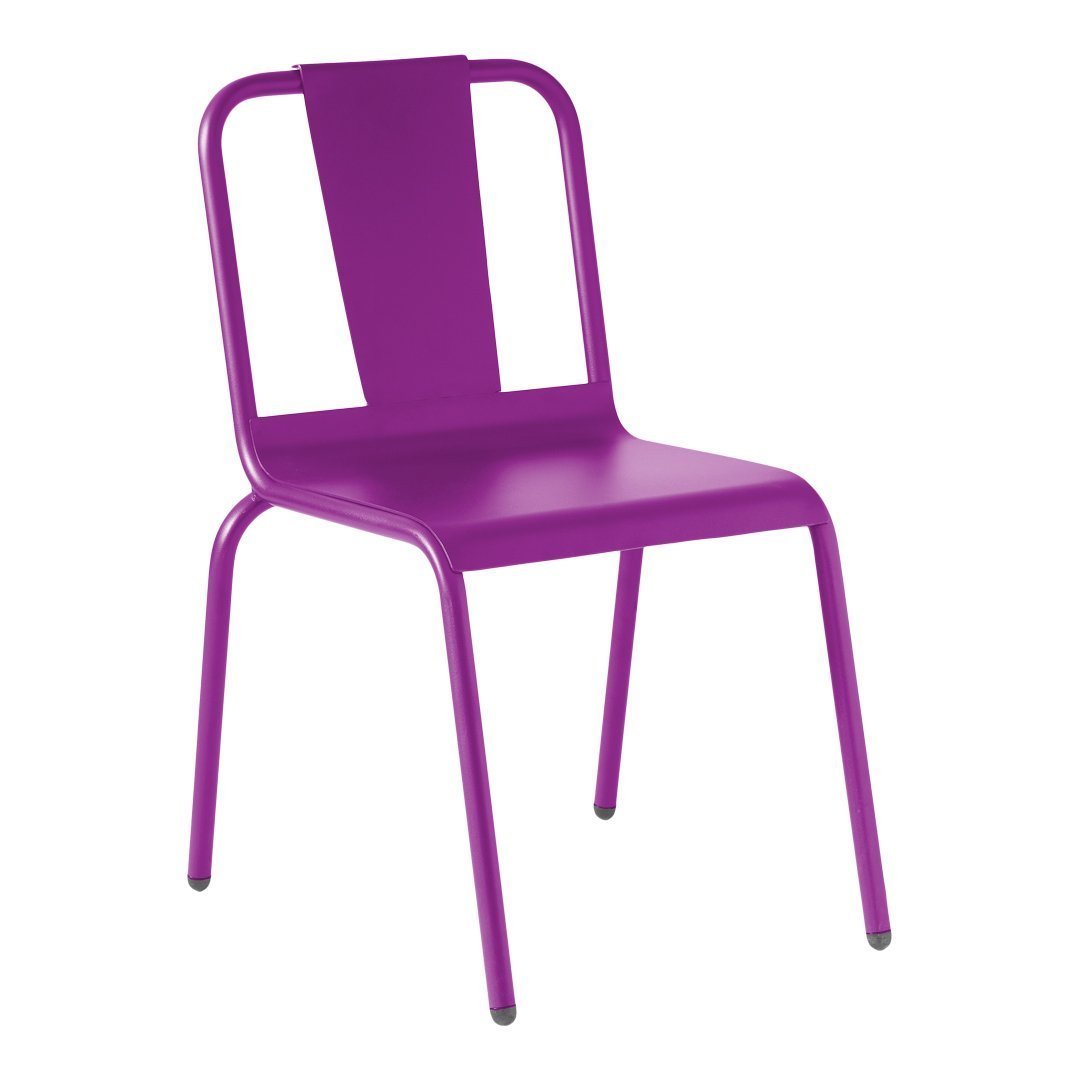 Vibrant purple metal chair with a sleek design and minimalistic pattern. Perfect for modern spaces.