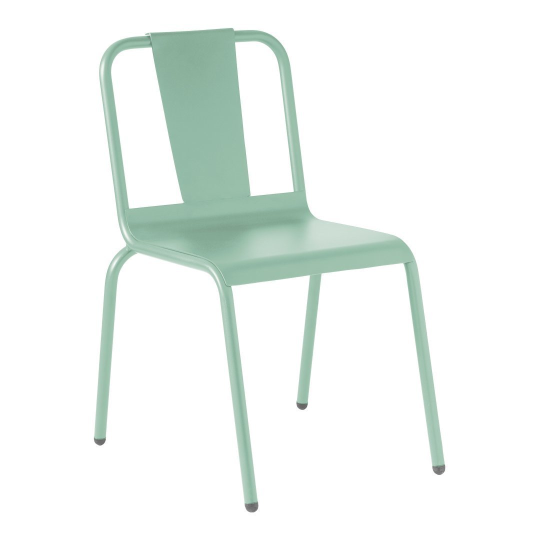 Mint green metal chair with a sleek, minimalist design. Simple lines and modern aesthetic for versatile décor.