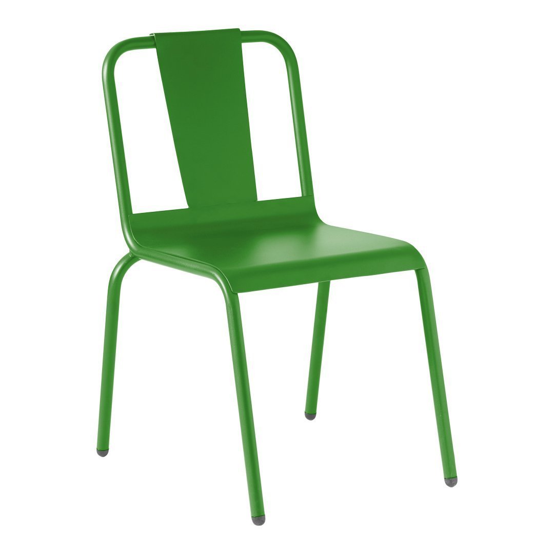 Bright green metal chair with a minimalist design and sleek lines, perfect for modern decor.