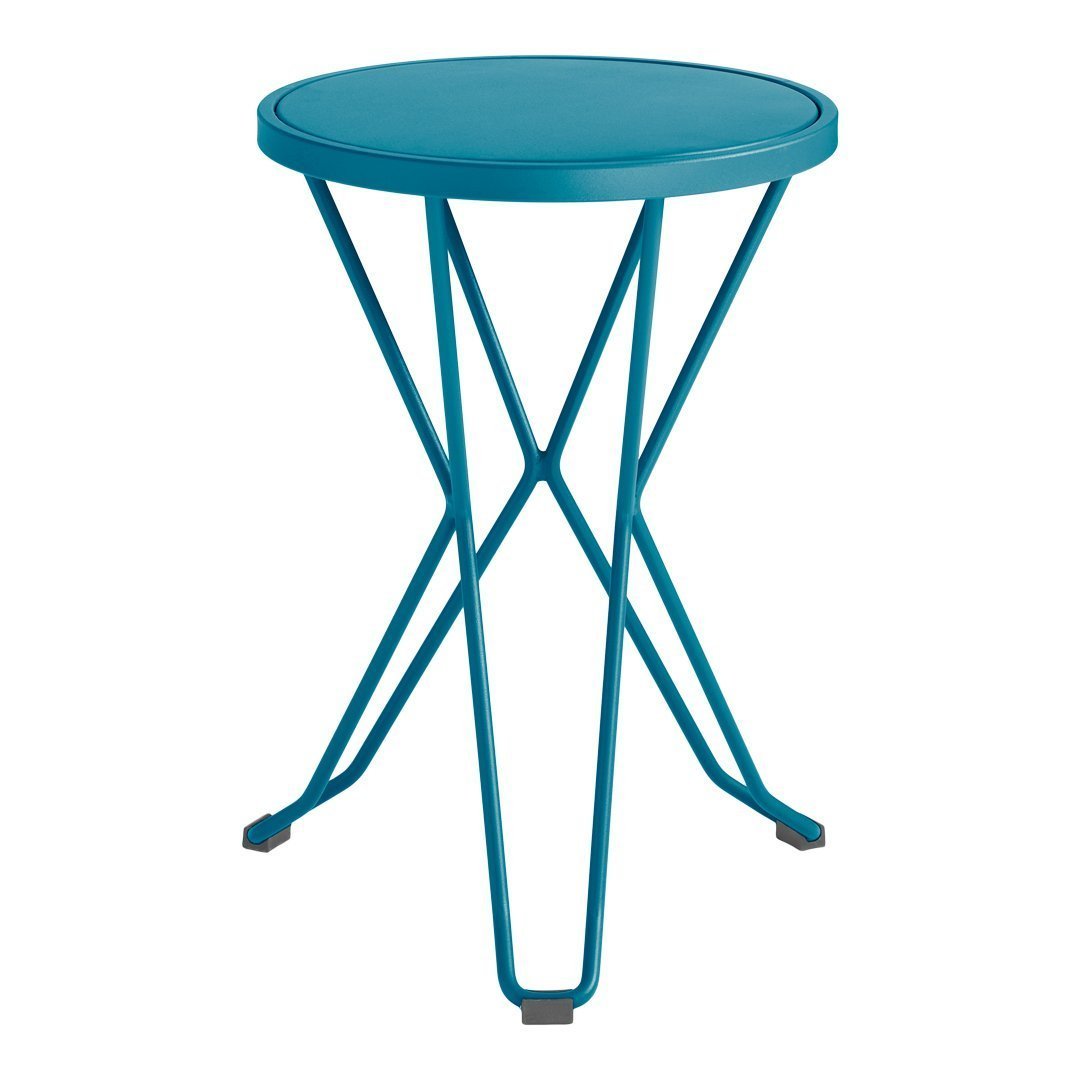 Teal round side table with a modern geometric metal base and sleek design, perfect for any contemporary space.