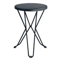 Round black side table with a sleek matte finish and modern geometric crossbar legs. Ideal for minimalist decor.