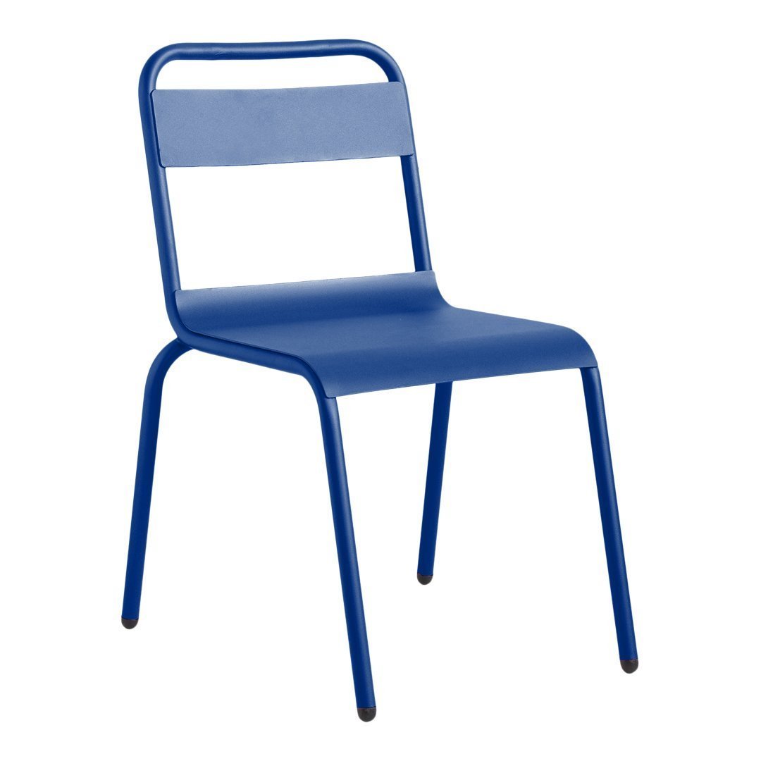 Blue metal chair with a simple, modern design and a solid color finish. Perfect for any contemporary space.