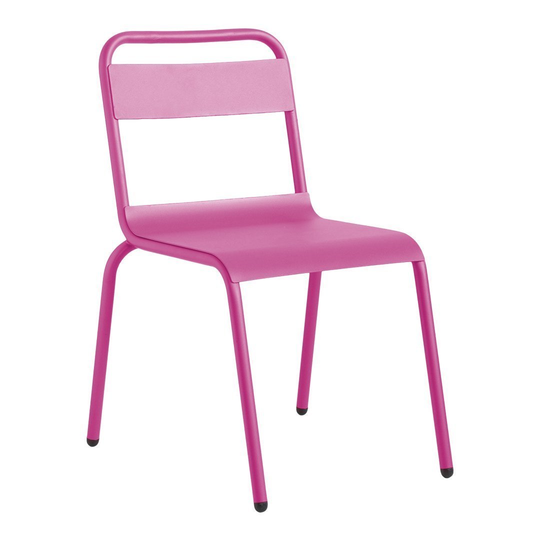 Vibrant pink metal chair with a sleek modern design and smooth finish. Ideal for stylish indoor and outdoor spaces.