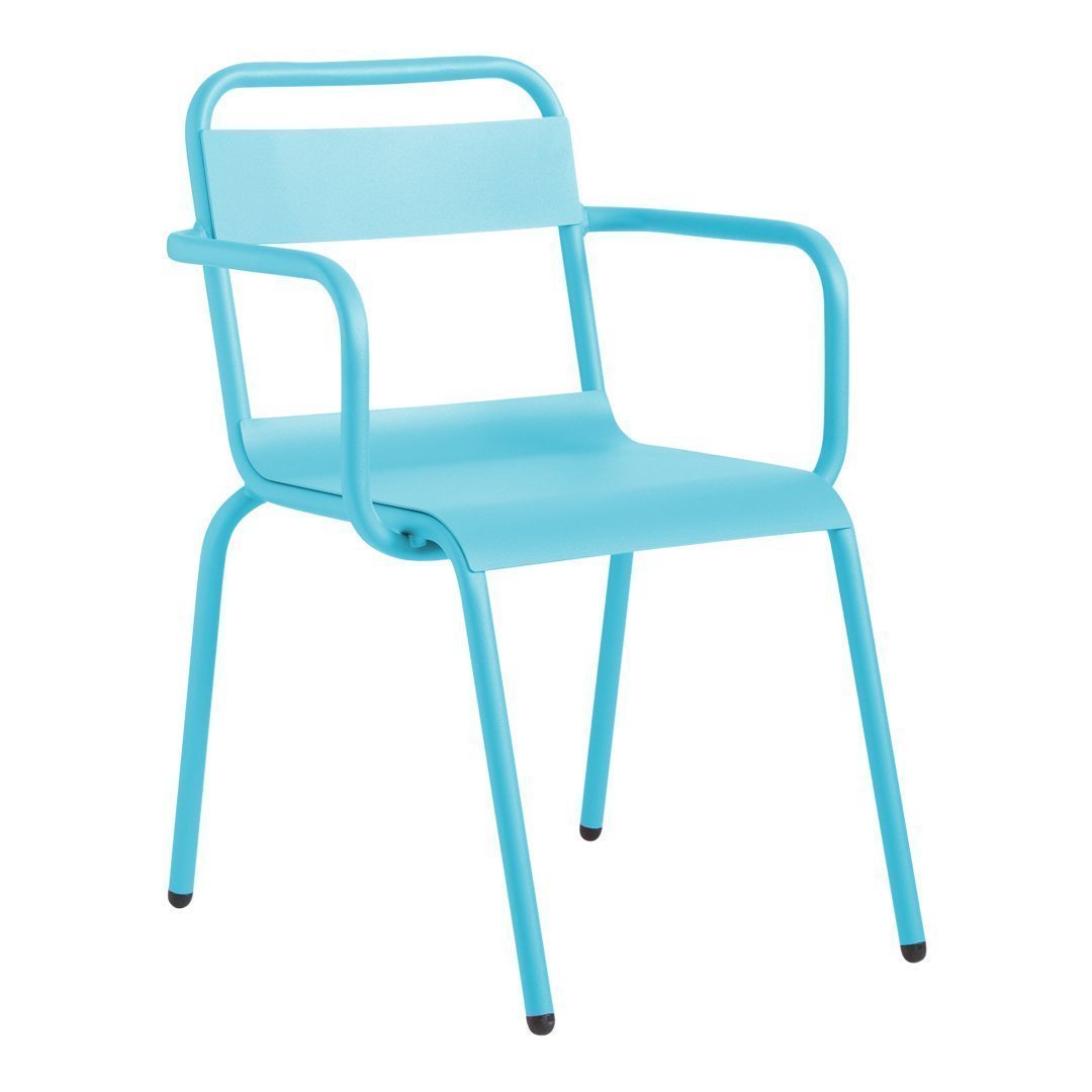 Bright turquoise metal chair with a sleek, minimalist design and smooth finishes. Ideal for modern spaces.