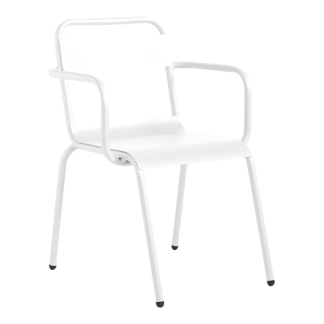 White metal chair with a minimalist design and sleek lines, featuring a smooth, matte finish. Perfect for any decor.