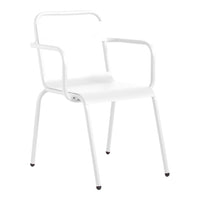 White metal chair with a minimalist design and sleek lines, featuring a smooth, matte finish. Perfect for any decor.