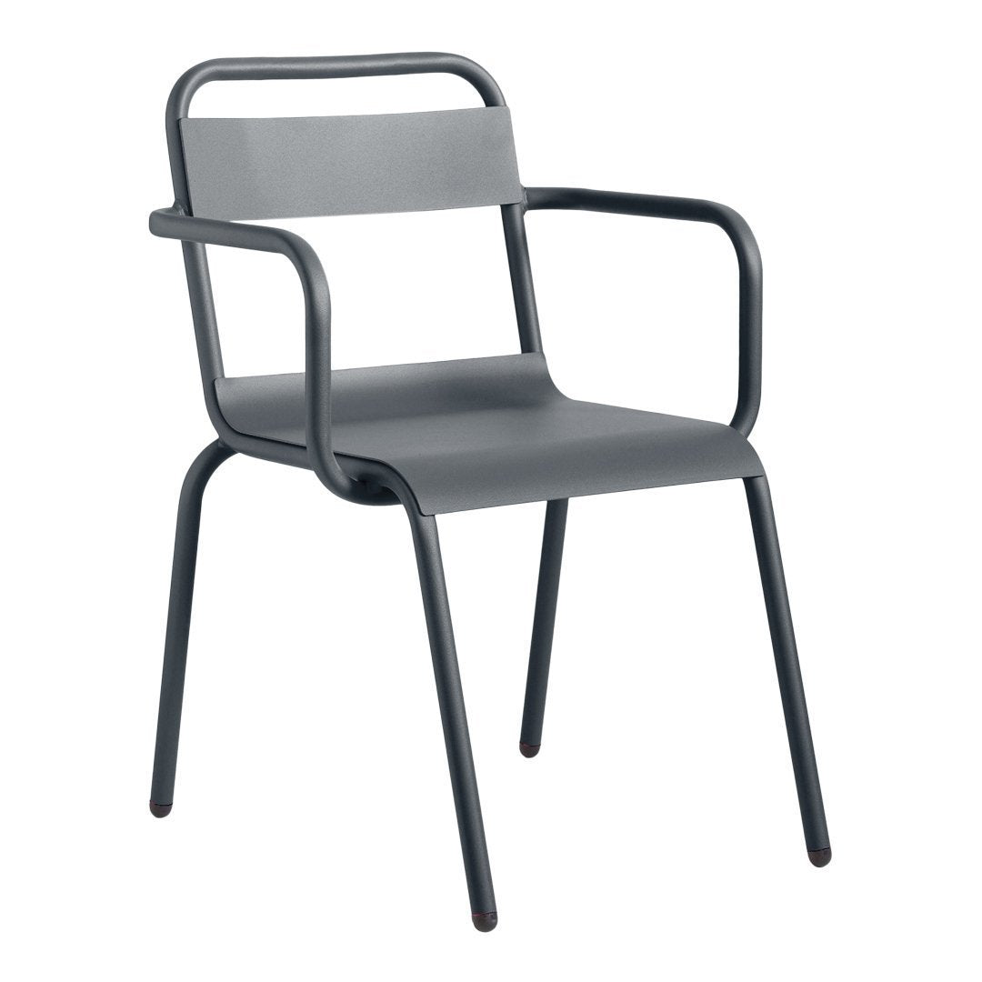 Gray metal chair with a minimalist design, featuring a smooth surface and clean lines. Ideal for modern interiors.