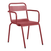 Red metal chair with a minimalist design and sleek, sturdy armrests. Perfect for modern decor.