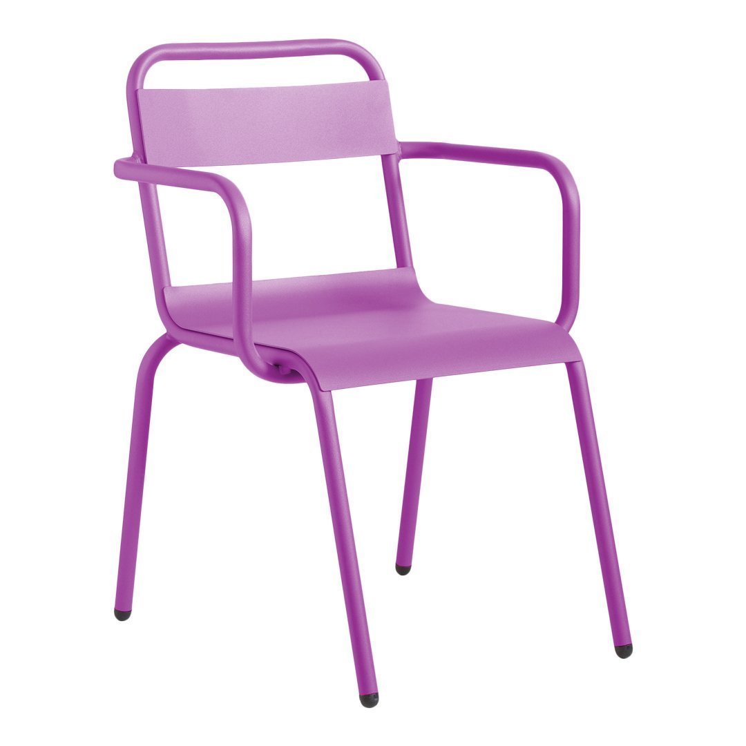 Vibrant purple metal chair with a minimalist design and clean lines, perfect for modern decor.