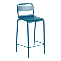 Blue metal bar stool with a sleek, minimalist design and straight lines. Perfect for modern decor.