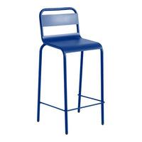 Bright blue metal bar stool with a sleek, minimalist design and simple horizontal slat backrest.