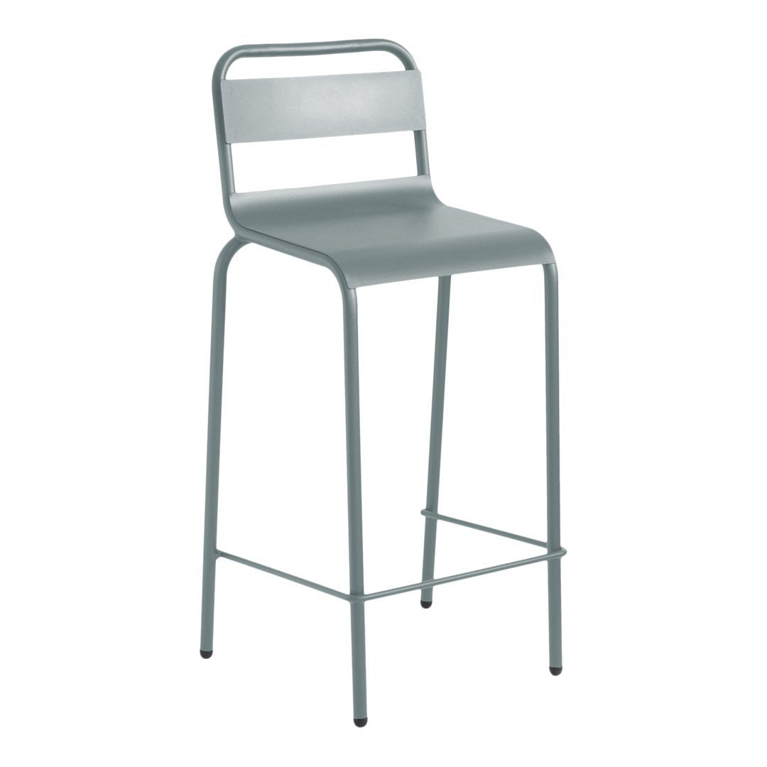 Gray metal bar stool with a sleek design and minimalist lines, perfect for modern decor.