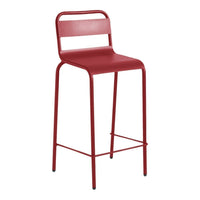 Red metal bar stool with a sleek, minimalist design and a smooth finish. Durable and modern for any space.