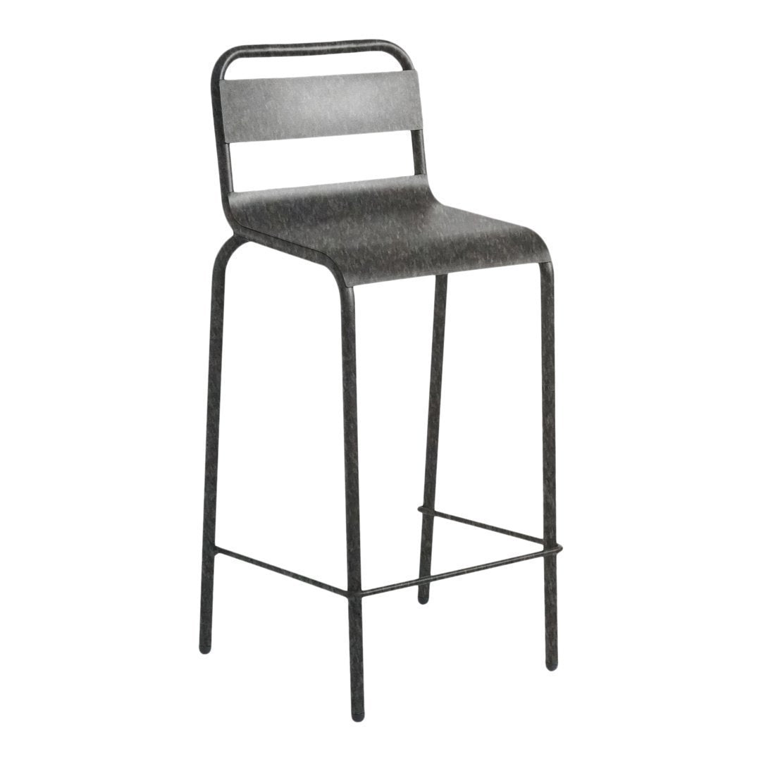 Black bar stool with a matte finish and simple, modern design featuring a sleek backrest and clean lines.