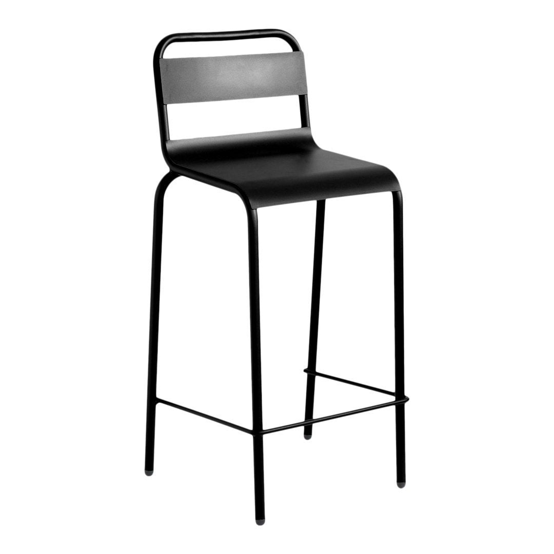 Black metal bar stool with a sleek, minimalist design and horizontal backrest, perfect for modern spaces.