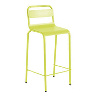 Bright lime green metal bar stool with a sleek, minimal design and simple horizontal patterns on the backrest.