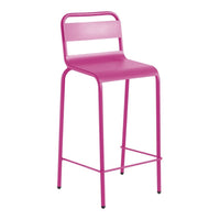 Bright pink metal bar stool with a sleek, modern design and minimalist pattern, perfect for stylish decor.