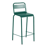 Green metal bar stool with a sleek, minimalist design and a smooth finish. Perfect for modern spaces.