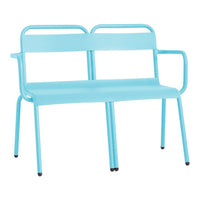 Light blue metal bench with a modern design and minimalist pattern, perfect for outdoor or indoor use.