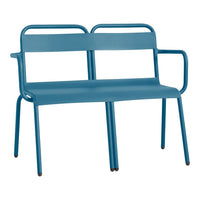 Two-seat bench in vibrant teal with a minimalist design and sleek lines, perfect for modern outdoor spaces.