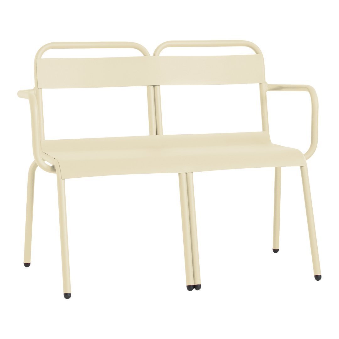 Cream-colored metal bench with a minimalist design and smooth, solid surface. Perfect for modern outdoor spaces.