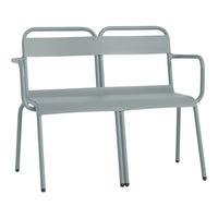 Light gray metal bench with a minimalist design, featuring smooth lines and a sleek, uniform color pattern.