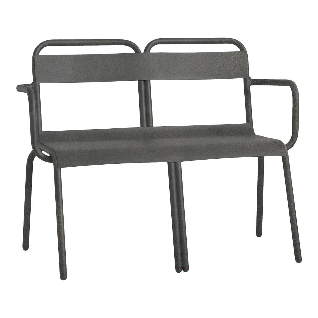 Gray metal bench with a sleek, minimalist design, featuring a smooth, textured surface and modern geometric lines.