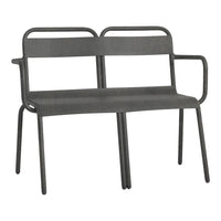 Gray metal bench with a sleek, minimalist design, featuring a smooth, textured surface and modern geometric lines.