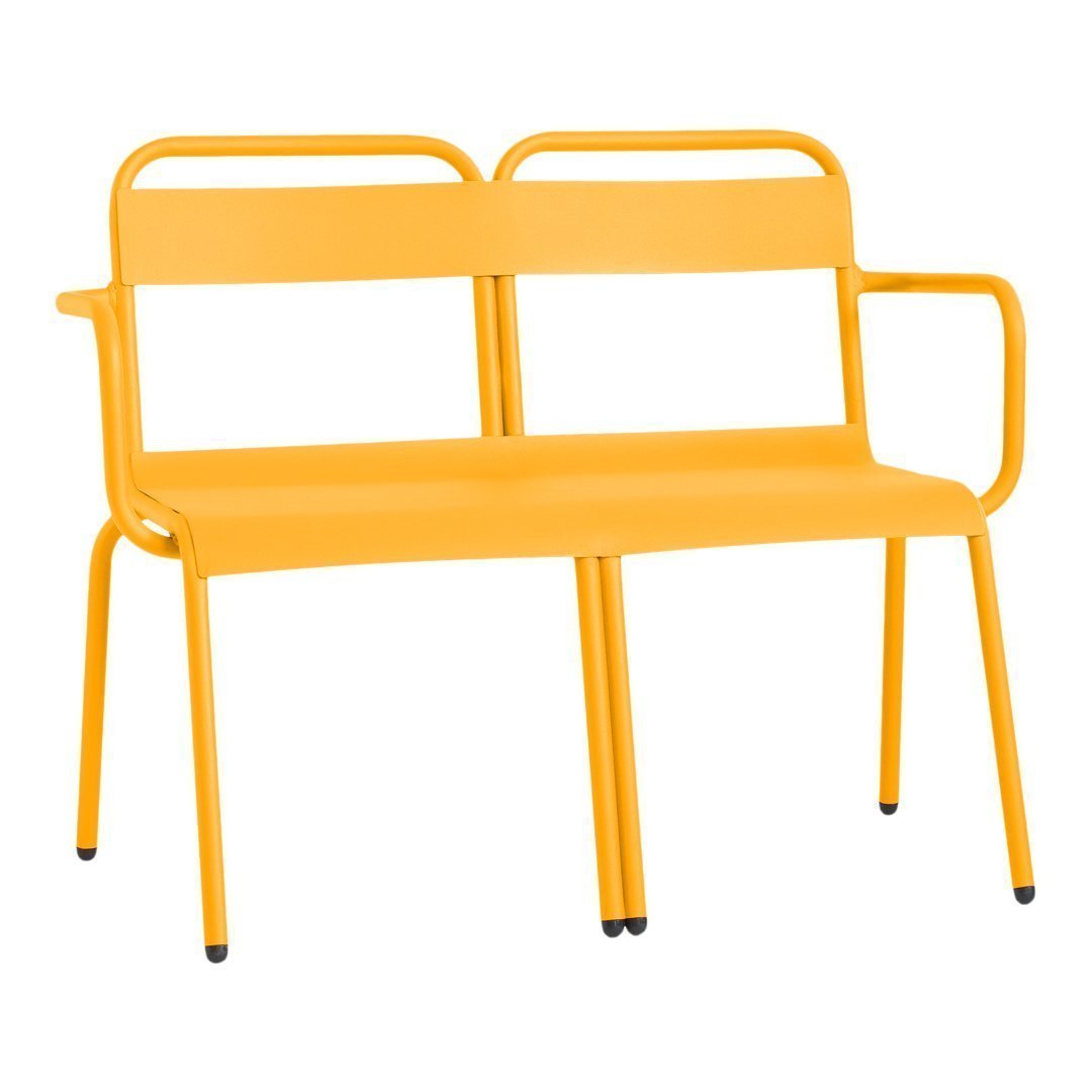 Bright yellow metal bench with a modern minimalist design and sleek lines, perfect for outdoor or indoor use.