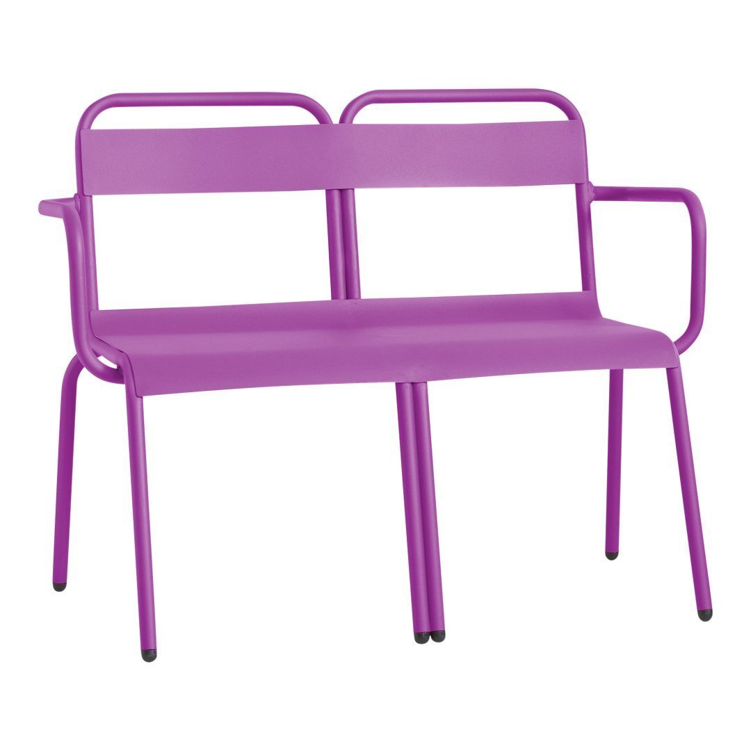 Vibrant purple metal bench with a sleek, modern design and simple lines, perfect for outdoor or indoor use.