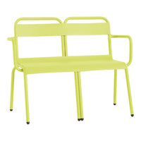 Bright lime green metal bench with a simple, modern design featuring straight lines and minimalist style.