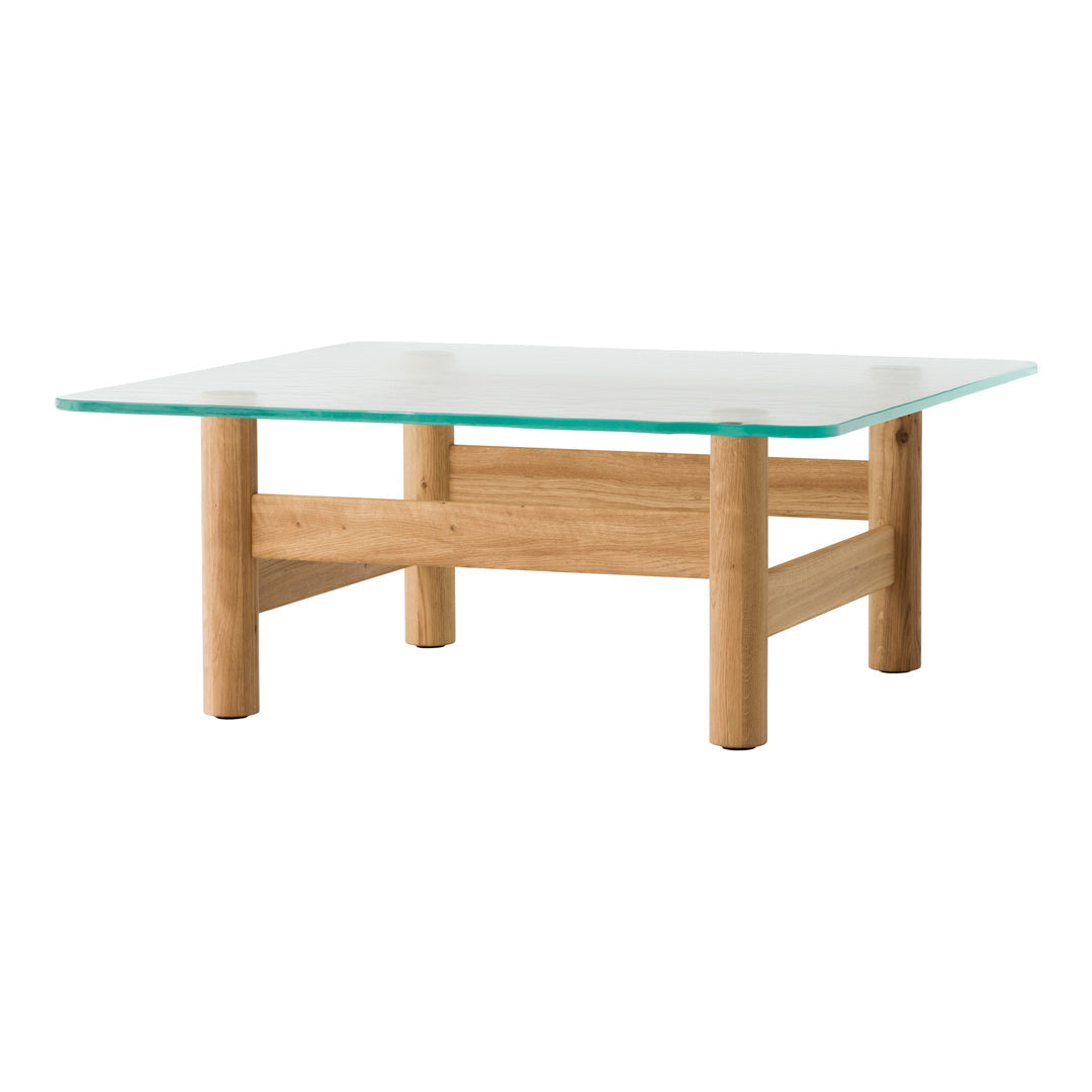 Natural wood base with a clear glass top, featuring a minimalist and modern design. Perfect for contemporary decor.