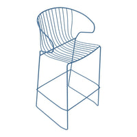 Blue wire bar stool with a modern, minimalist design featuring sleek lines and an open geometric pattern.
